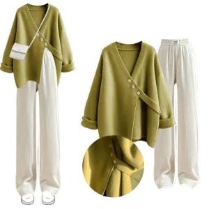 티류으스 여성 빅사이즈 가을 겨울 니트 가디건 와이드 팬츠 투피스 세트 WX