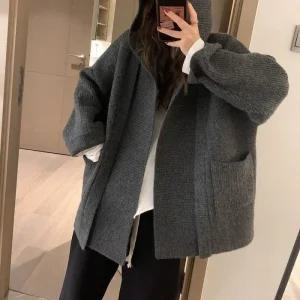 [라일리여성의류] Rly 차콜 후드 니트 가디건 루즈핏 오버핏 겨울 아우