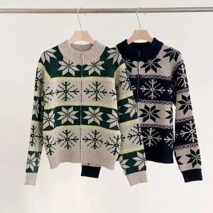 [하프클럽/]여성 눈꽃 패턴 노르딕 스타일 배색 집업 니트 가디건