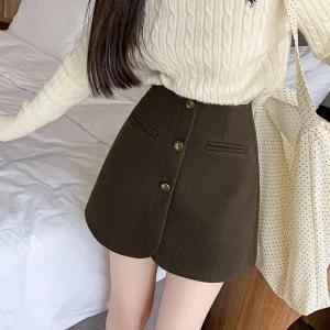포뇨 여성바지 모직 버클 스커트 반바지 골덴 A자 겨울 와이드 치마바지 OPH4