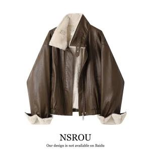 여성 페이크 무스탕 노카라 온앤온 하이넥 스웨이드 에코퍼 오버핏 에고이스트 뽀글이