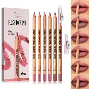 푸디에 6Pcs 립 라이너 세트, 2개의 샤프너가 있는 로지 핑크 매트 시리즈 라이너, 부드럽고 오래 지속되는 여성용 입술을 정의하고 채우는 고색소 워터프루프 펜슬