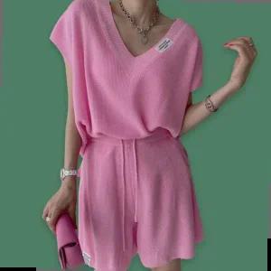 니트셋업 여성 니트 셋업 나시 반바지 여름 투피스 핑크 세트