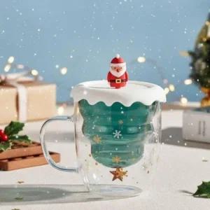 ( )2중 내열유리 크리스마스컵 유리컵 산타 머그컵 이중 유리컵 크리스마스컵 예쁜 2중 카페 손잡이 내열