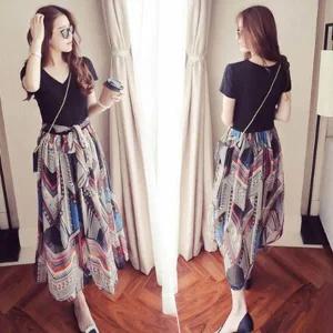 쌍문상회 페이즐리 쉬폰 스커트 블랙 v넥 반팔티 일체형 투피스