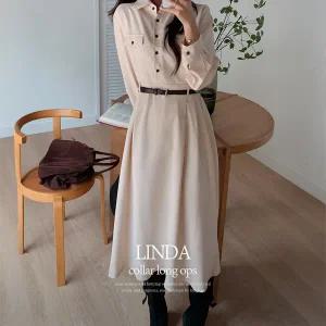 핫핑 [하객룩/격식룩] 린다 솔리드 핀턱 플레어 카라 롱원피스