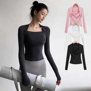 여성 운동 스퀘어넥 요가 슬릿 슬림핏 긴팔티