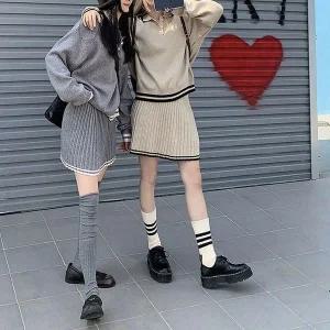 [하프클럽/]컬러믹스 칼라니트웨어 플리츠 데일리룩 롱스커트 투피스