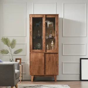 명품 고무나무 원목 장식장 G타입 유리 진열장 미닫이 수납장