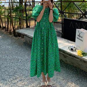 라운드넥 그린 플라워 퍼프 소매 반팔 벌룬 a라인 단추 쉬폰 롱 원피스 빅사이즈 여름 TS073