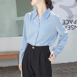여자 블루 심플 셔링 플란넬 셔츠 블라우스