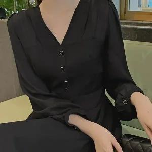 핫핑 [하객룩] 로하즈 쉬폰배색 브이넥 플레어 롱원피스