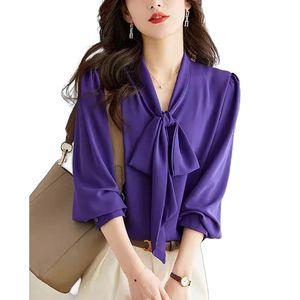 봄남방 보라색 블라우스 정장 이너 빅사이즈 러플 타이 쉬폰 왕리본 롱 셔츠 새틴 여성 남방