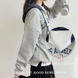 코키코키 / 기모안감/남녀공용 루즈핏 배색 후드 반집업 남자후드티 커플후드티