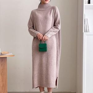 여자 래글런 울니트 골지 목폴라 밑단트임 롱원피스