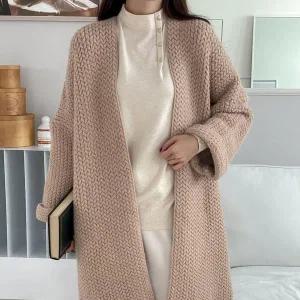 [옷자락]여자 뜨개니트 짜임 노카라 빅사이즈 로브 롱가디건_P350451697