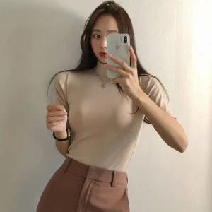 [옷자락]여자 목폴라반팔티 소프트 스판 무지 슬림핏 티셔츠_P376739259