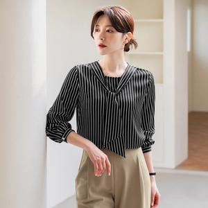 [시크라인] (~XL까지) 이델리 스트라이프 타이넥 블라우스 봄 가을 하객룩 오피스룩 데이트 모임 미시 빅사이즈