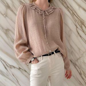 여자 진주단추 프릴넥 리본타이 퍼프 블라우스