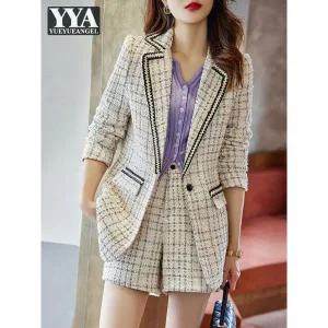 여자 봄 가을 면접복장 여성 투피스 사무실 숙녀 신제품 트위드 정장 재킷 하이 웨이스트 반바지 세트 작업