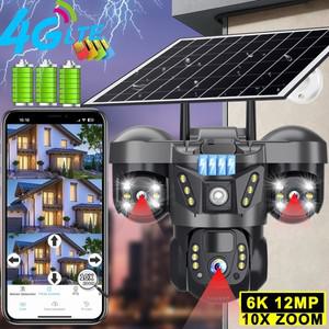 V380 Pro 12 MP 태양광 카메라 3개의 렌즈 오디오 야외 IP66 방수 내장 배터리 보안 CCTV 6K HD 4G SIM 네