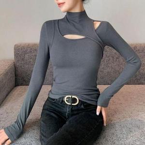 니트 어깨 트임 오프숄더 티셔츠 여성 언발 오픈숄더 긴팔 슬림 절개