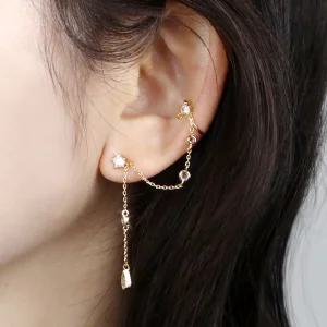  실루엣 이어커프 와 귀걸이 동시에 실버925 은침사용 3color 체인이 연결된 귓바퀴 체인 롱 귀찌