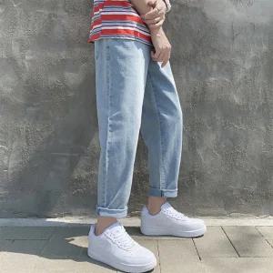 남성 9부청바지 밴딩 고무줄 남자 일자 데님팬츠 간절기 허벅돼