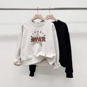 미즈큐즈 / 스타 빈티지 크랙나염 세미 크롭 긴팔 맨투맨