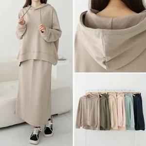 여성 6컬러 면 무지 후드티 롱스커트 츄리닝 세트 트레이닝 투피스 셋업 -WSST0085- 봄 가을