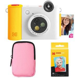 KODAK 스마일+ 2-in-1 디지털 즉석 인쇄 카메라 및 무선 블루투스 포토 프린터 스타터 번들 + 소프트 케이스 징크 20pk 스티커 뒷면 용지 - 10MP, 특수 효과 회전 렌즈 흰색