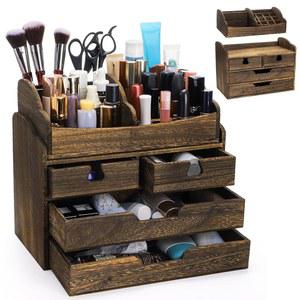 Eorbow 2피스 우드 메이크업 정리함, 테이블 상판용 스태커블 화장품 보관 서랍, 20개의 수납 공간이 있는 넉넉한 스킨케어 홀더, 화장실, 세면대용 주얼리 분류 상자