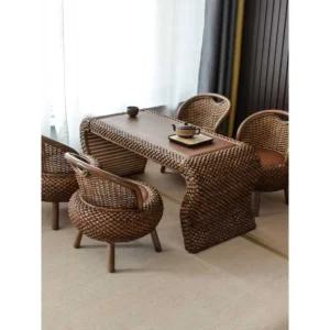 라탄커피테이블 세트 전통 카페 다과상 클래식 탁자 테이블 S +  나무 다리 의자4개