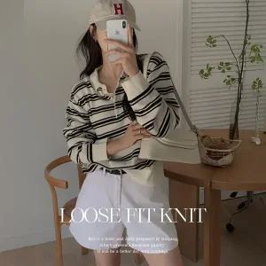 핫핑 [체형커버/간절기템] 루비나 루즈핏 배색 스트라이프 카라넥 긴팔니트티