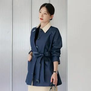 [시크라인] (~XXL까지) 쉐이드 배색싱글카라 벨트 데님 자켓 가을 데일리 일상 캐쥬얼 출근룩 베이직 빅사이즈