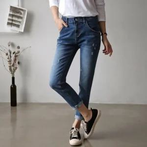 여자 사계절 스판 히든밴딩 디스트로이드 구제 배기 청바지 핏이 예쁜 데미지 데님팬츠 빅사이즈