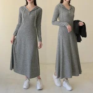 [데일리앤] 오브제 차르르 헨리넥 후드 스판 롱 원피스 가을 캐주얼 여리핏 홈드레스