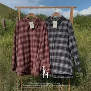 핫핑 [겉기모/보온성][ICH] 르베이 오버핏 카라넥 팬던트 체크 긴팔셔츠