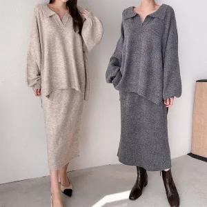 여성 가을 겨울 카라 울 니트 치마 세트 꾸안꾸 투피스 셋업 SST0086S 빅사이즈 루즈핏