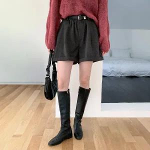 |CMP90DB|여성용 데일리 핀턱 롤업 벨트 모직 두꺼운 반바지