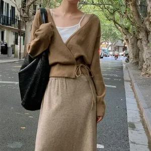 핫핑 [허리잘록/여리핏] 스턴 브이넥 랩 긴팔니트티