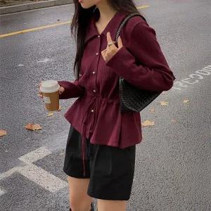 핫핑 [여성스러움/활용도] 카프치 스트링 페플럼 펀칭 카라 블라우스 니트 가디건