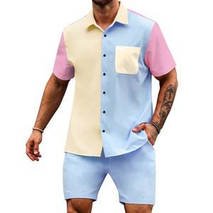 렉기 남성 여름 캐주얼 숏 세트 대비 반팔 버튼 다운 셔츠와 반바지 2피스 의상 트랙수트