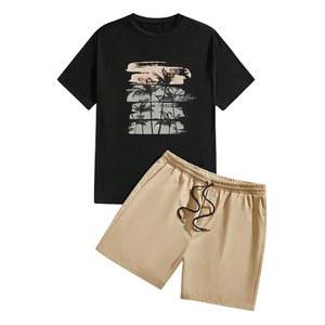 보드럼 남성 플러스 사이즈 2피스 의상 트로피컬 프린트 반팔 티셔츠와 드로스트링 반바지 트랙 수트