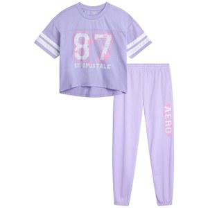 에어로포스탈 걸스 액티브웨어 세트 - 반팔 저지 면 셔츠 & 플리스 조거 팬츠 2피스 트레이닝복, 7-16