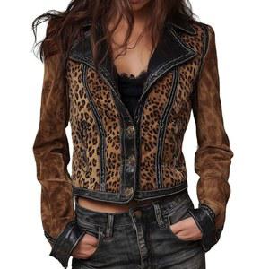 샤르투 여성 레오파드 인조 스웨이드 크롭 재킷 슬림 핏 푸 가죽 패치워크 가을 겨울 코트