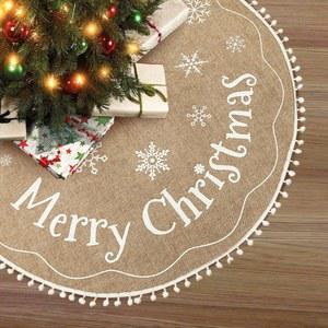 우리의 따뜻한 갈색 트리 메리 장식이 눈송이와 스커트 삼베 흰색 36 48인치 크리스마스 프린트된