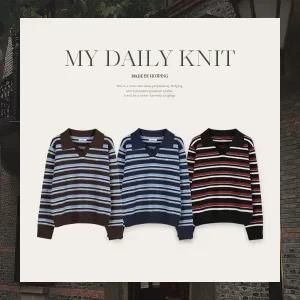 핫핑 [늘어짐,변형DOWN] 그로니_긴팔ver 오픈카라 스트라이프 니트티