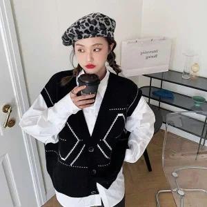 [콩심팥심]아가일 조끼 가디건 브이넥 패턴 여성 니트