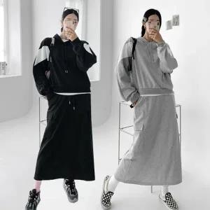 여성 99까지 기모 면 배색 나그랑 후드티 카고 롱 스커트 트레이닝 세트 츄리닝 셋업 -WSST0109- 겨울